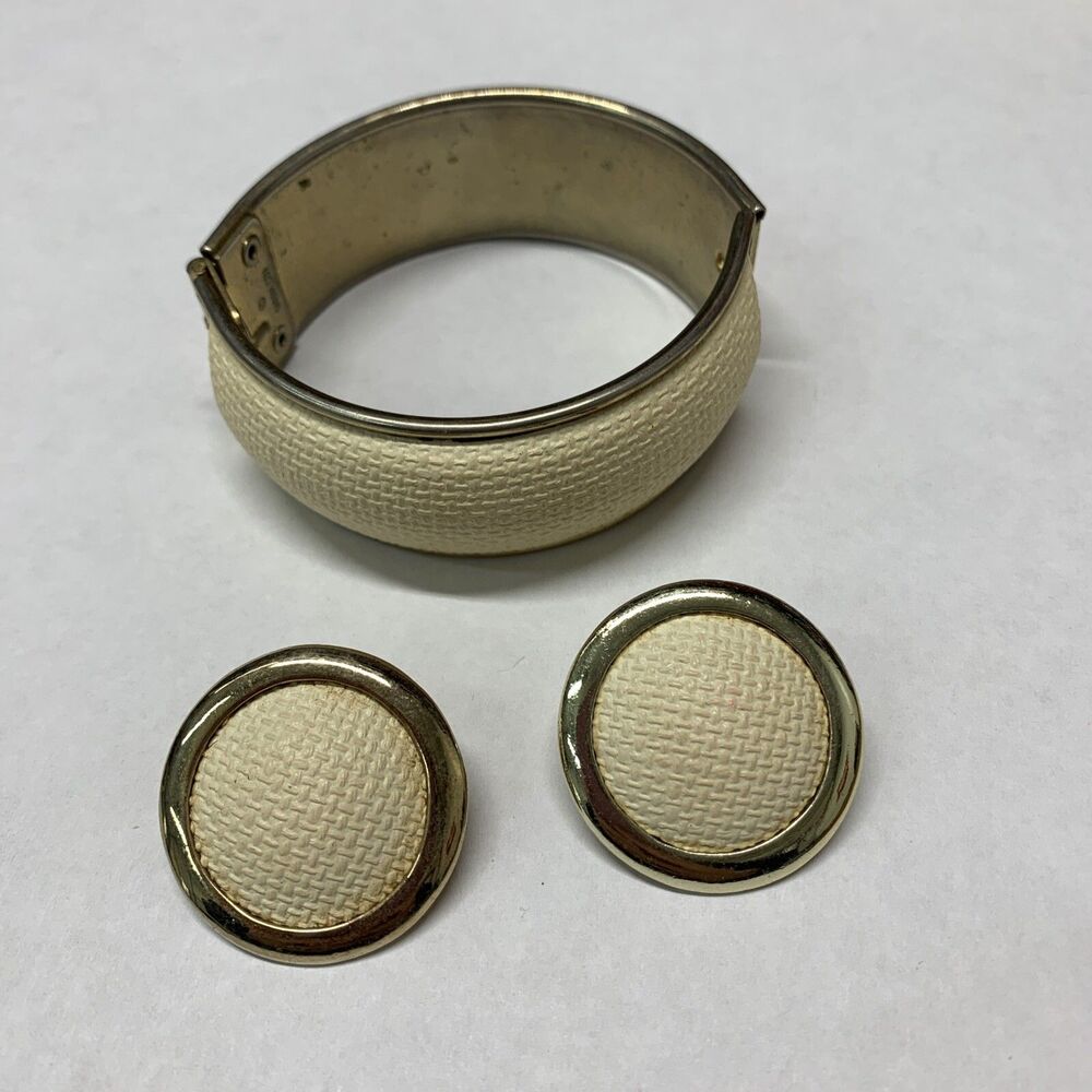 Vintage Sarah Coventry Mademoiselle Gold Linen Bangle Cuff Bracelet & Earrings